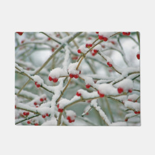 Snowy Red Berries Winter Scene Doormat