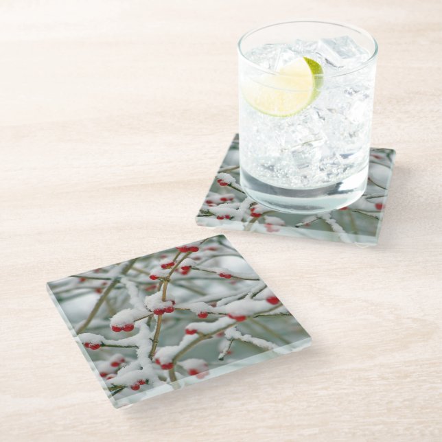 Snowy Red Berries Winter Scene Glass Coaster (Angled)