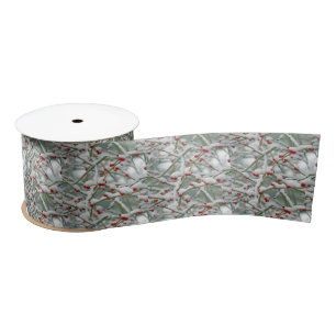 Snowy Red Berries Winter Scene Wide Satin Ribbon