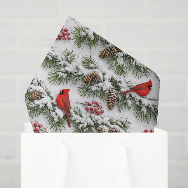Snowy Red Cardinal Evergreen Winter  Tissue Paper (Gift Bag)