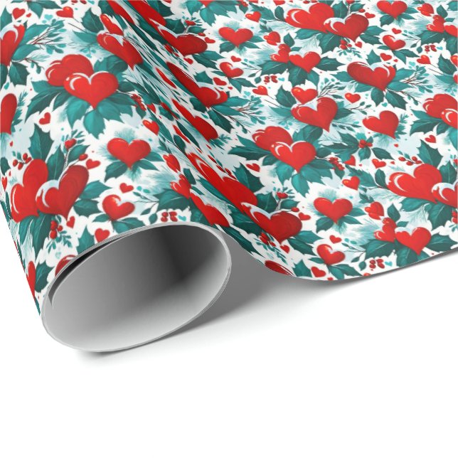 Snowy Red Christmas Hearts and Holly Wrapping Paper (Roll Corner)