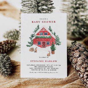Snowy Red Cottage with Rabbits Winter Baby Shower Invitation