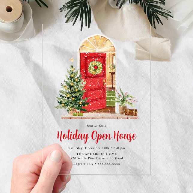 Snowy Red Door Holiday Open House Acrylic Invitations (Creator Uploaded)