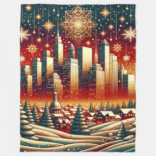 “Snowy Red Gold, and Green Christmas Cityscape” Fleece Blanket