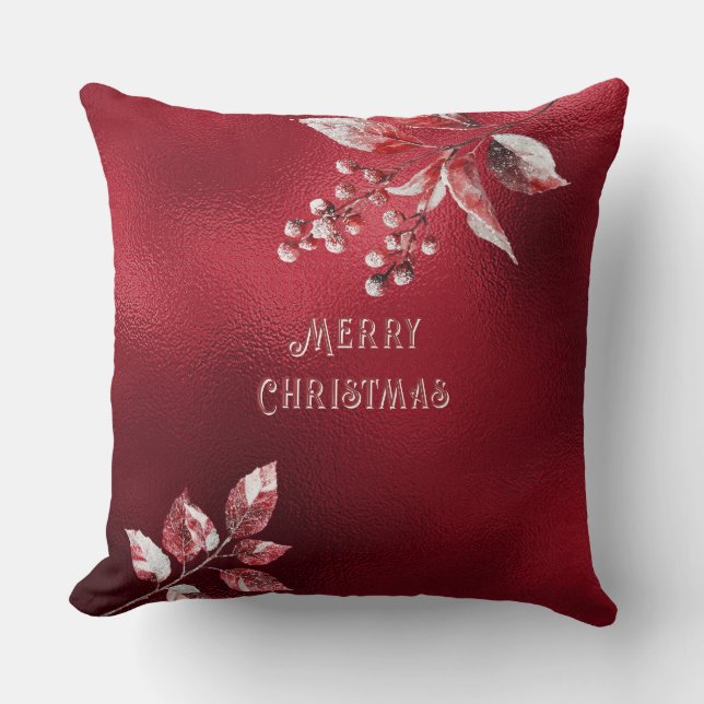 Snowy Red Leaves Christmas Holiday Throw Pillow (Front)