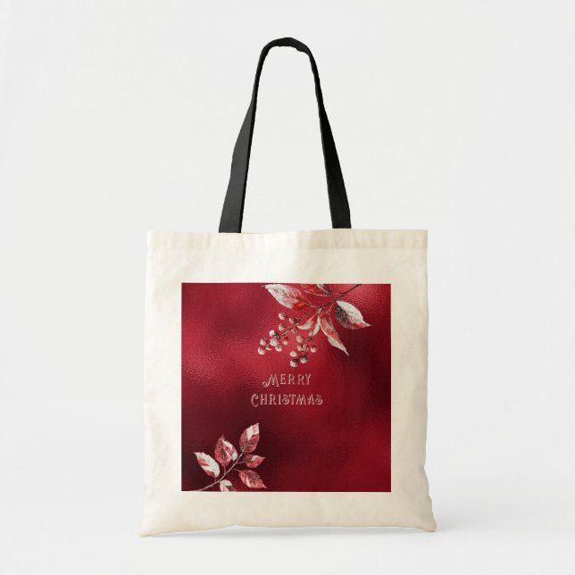 Snowy Red Leaves Christmas Holiday Tote Bag (Front)
