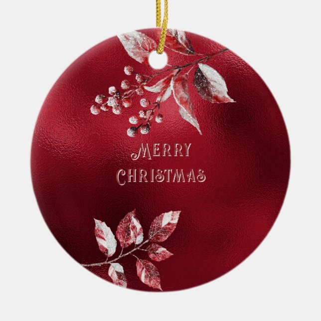 Snowy Red Leaves Christmas Ornament (Front)