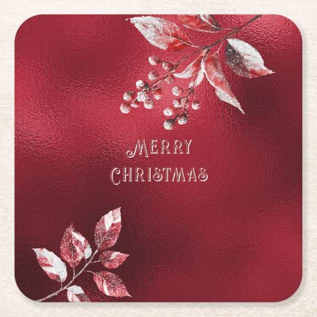 Snowy Red Leaves Christmas Paper Coaster (Front)
