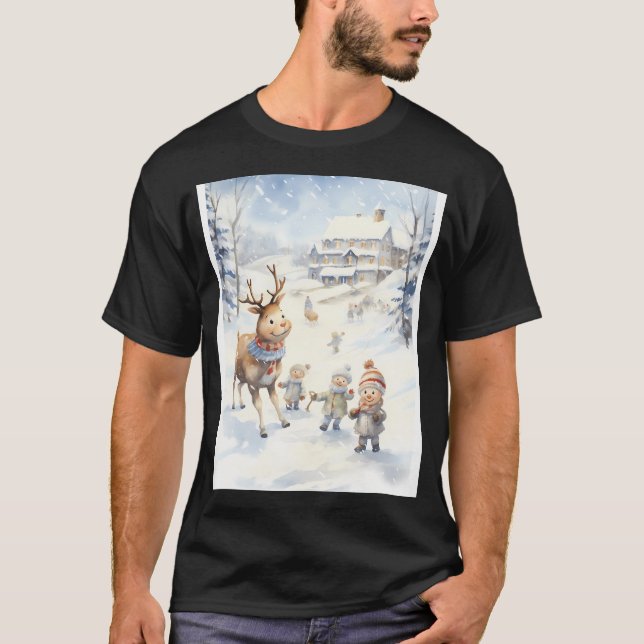 Snowy Reindeer Frolic T-Shirt (Front)