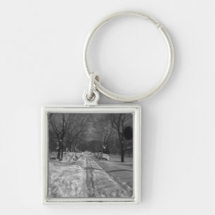 Snowy residential street key ring