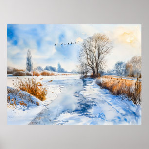 Snowy Riverbank in Winter Havelland Watercolor Poster