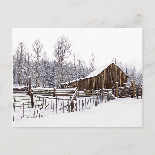 Snowy Rural Barn Scene Photo Thinking Of You Postcard (Front)