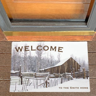 Snowy Rural Barn Scene Photograph Doormat