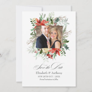 Snowy Rustic Pine and Spruce Winter Wedding Magic Save The Date