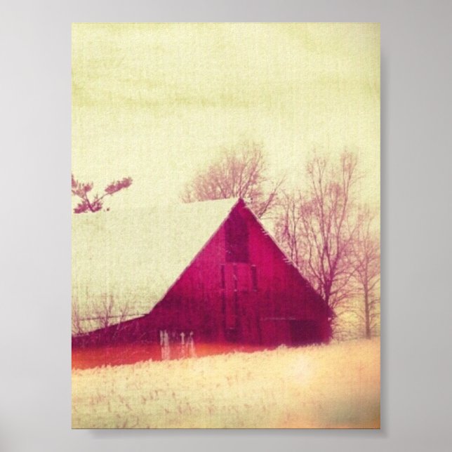Snowy Rustic Red Winter Barn in Iowa Poster (Front)