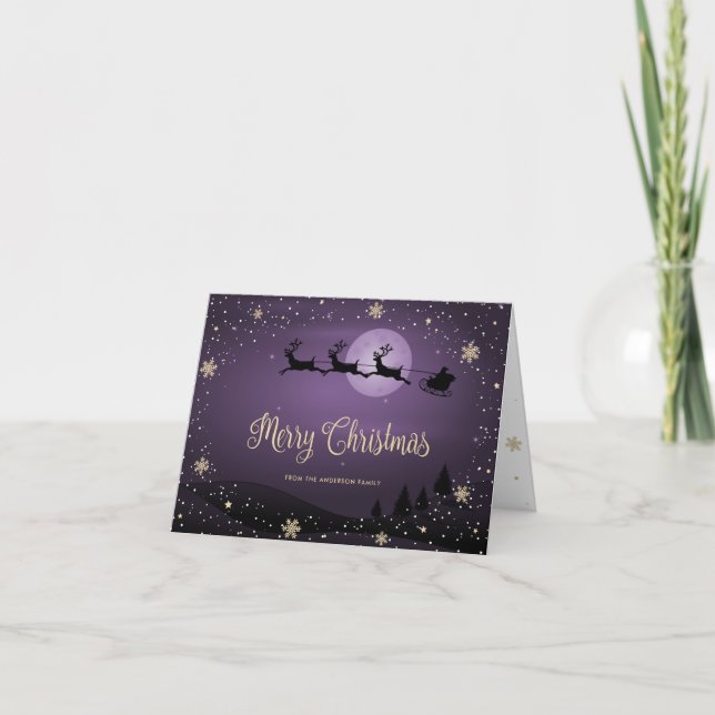 Snowy Santa Family Photo Purple Merry Christmas Holiday Card (Front)