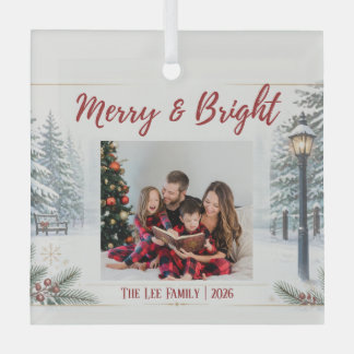 Snowy Scene Christmas Card with Family Photo Glass Tree Decoration
