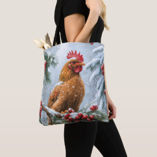Snowy Scene With Chicken Tote Bag