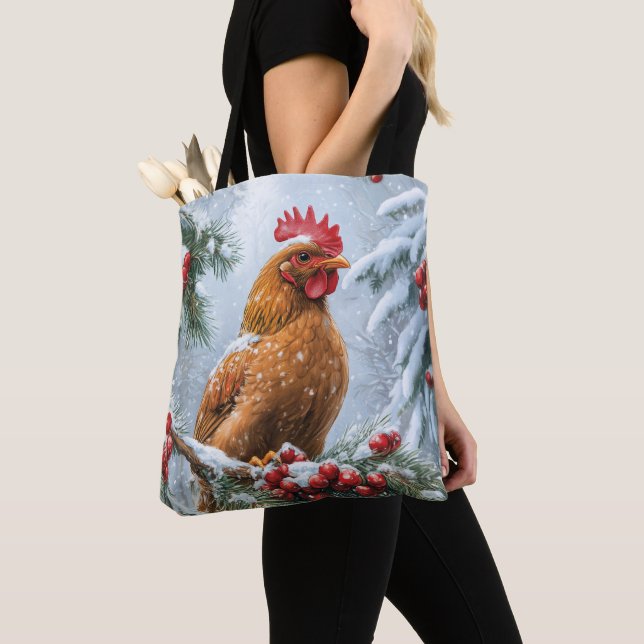 Snowy Scene With Chicken Tote Bag (Close Up)