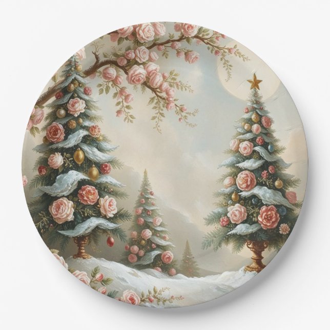 Snowy Scene with Christmas Trees and Pink Roses Paper Plate (Front)