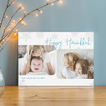 Snowy Script | 2 Photo Happy Hanukkah Holiday Card<br><div class="desc">Simple and modern Hanukkah card design features two of your favourite photos with an offset alignment, framed by falling snowflakes. "Happy Hanukkah" appears in modern iced aqua blue casual handwritten script lettering, with your family name and the year at the lower left corner. A unique contemporary design in a horizontal...</div>