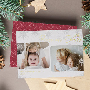 Snowy Script   2 Photo Peace on Earth Foil Holiday Card
