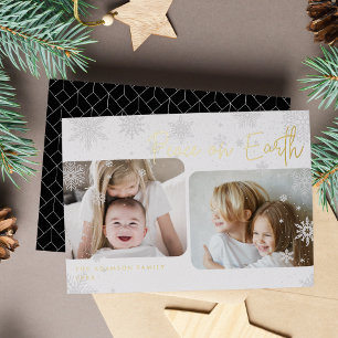 Snowy Script 2 Photo Peace on Earth Foil Holiday Card