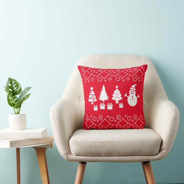 Snowy Serenity: Christmas Trees and Snowman design Cushion (Chair)