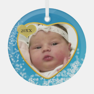 Snowy Sky Blue Baby's First Christmas Photo Heart Glass Tree Decoration