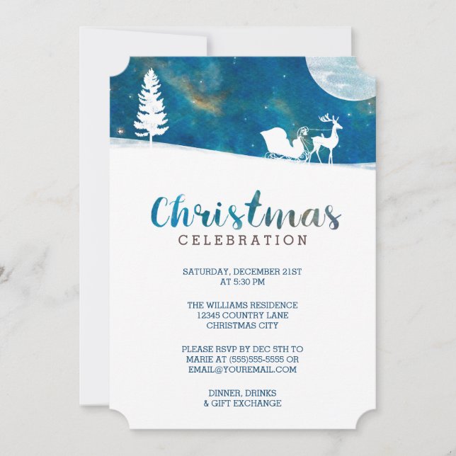 Snowy Sleigh Ride Aurora Borealis Christmas Party Invitation (Front)