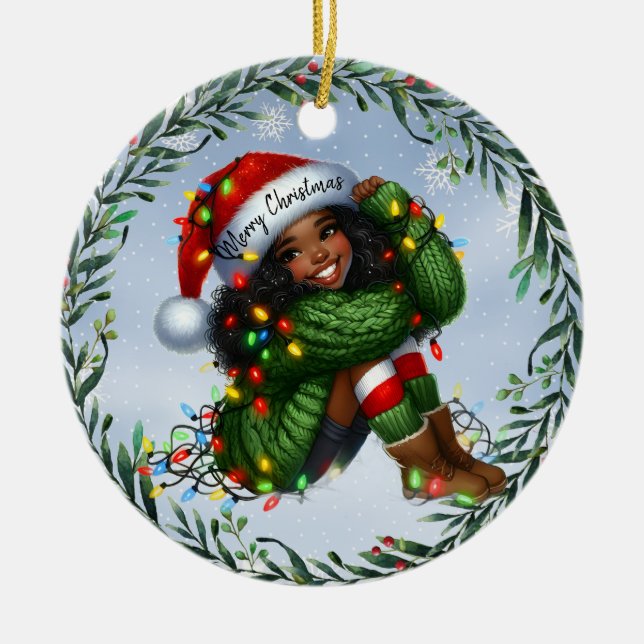 Snowy Smiles and a Santa Hat of Wishes Ceramic Ornament (Front)