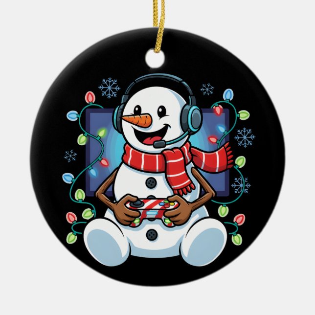 Snowy Snowman Gamer Ceramic Ornament (Front)