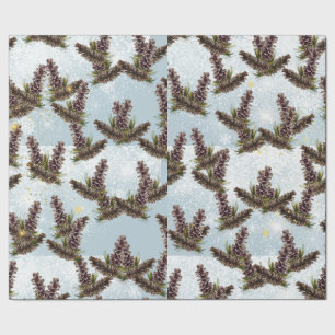 snowy sparkles, pine cones wrapping paper