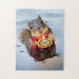 Snowy Squirrel Holding Candle Jigsaw Puzzle