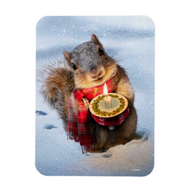 Snowy Squirrel Holding Candle Magnet (Vertical)