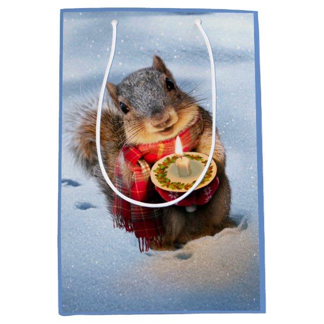 Snowy Squirrel Holding Candle Medium Gift Bag (Front)
