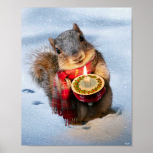 Snowy Squirrel Holding Candle Poster