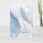 Snowy Star Ribbon (blue & silver) Holiday Card<br><div class="desc">Beautiful ornate Hanukkah card features a snowy white ribbon of light and stars against a damask flourish background with a light blue and silver gradient. Three white snowflakes hang in the upper right corner,  and flowing script says Happy Hanukkah.</div>