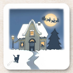 Snowy, Starry Night, with Cat and Santa Sleigh Coaster