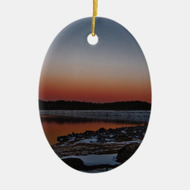 Snowy Sunset at Lake Arrowhead Ceramic Ornament (Front)