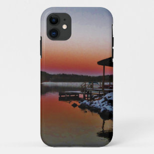 Snowy Sunset at Lake Arrowhead dock iPhone 11 Case