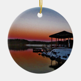 Snowy Sunset at Lake Arrowhead dock Ceramic Ornament