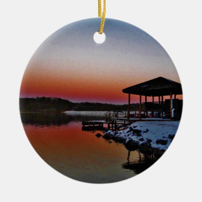 Snowy Sunset at Lake Arrowhead dock Ceramic Ornament (Front)