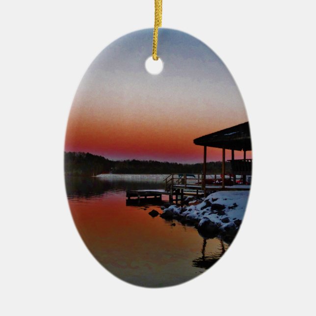 Snowy Sunset at Lake Arrowhead dock Ceramic Tree Decoration (Front)