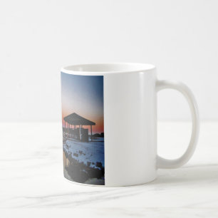 Snowy Sunset at Lake Arrowhead dock Coffee Mug