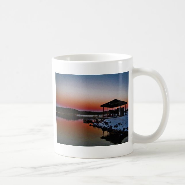 Snowy Sunset at Lake Arrowhead dock Coffee Mug (Right)
