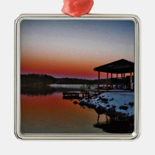 Snowy Sunset at Lake Arrowhead dock Metal Ornament