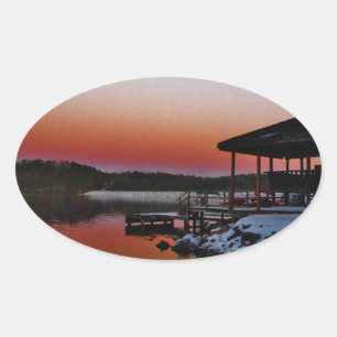 Snowy Sunset at Lake Arrowhead dock Oval Sticker