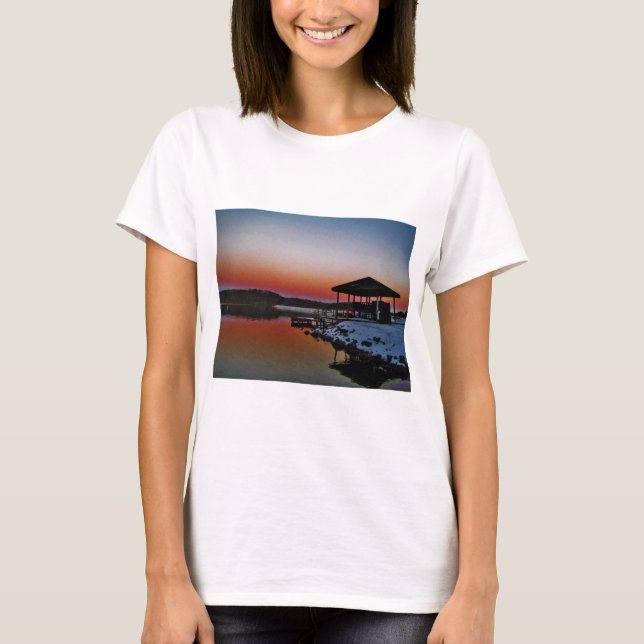 Snowy Sunset at Lake Arrowhead dock T-Shirt (Front)