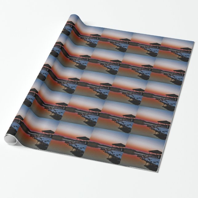 Snowy Sunset at Lake Arrowhead dock Wrapping Paper (Unrolled)